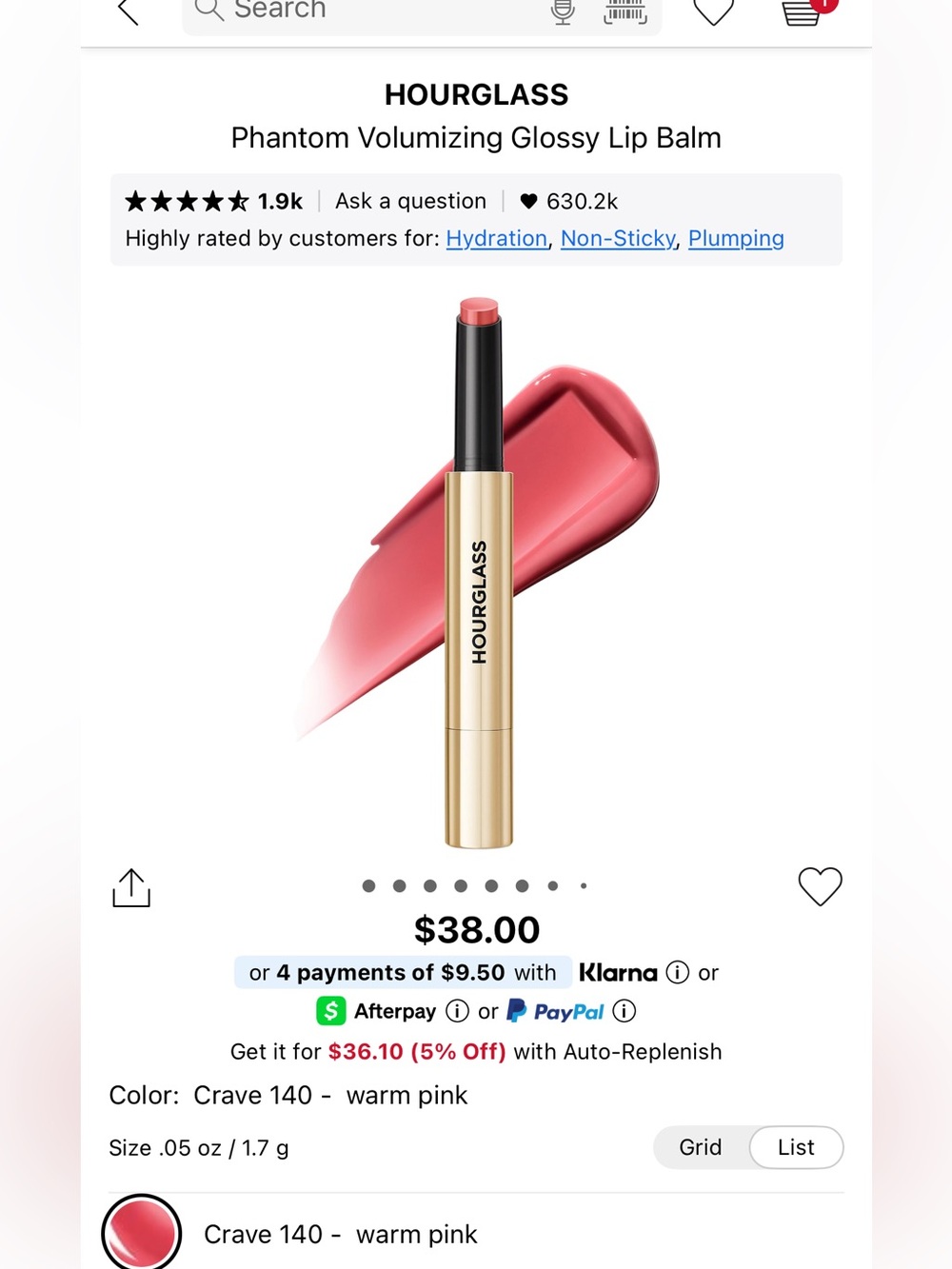 HOURGLASS Phantom Volumizing Glossy Lip Balm — Crave 140 Warm Pink